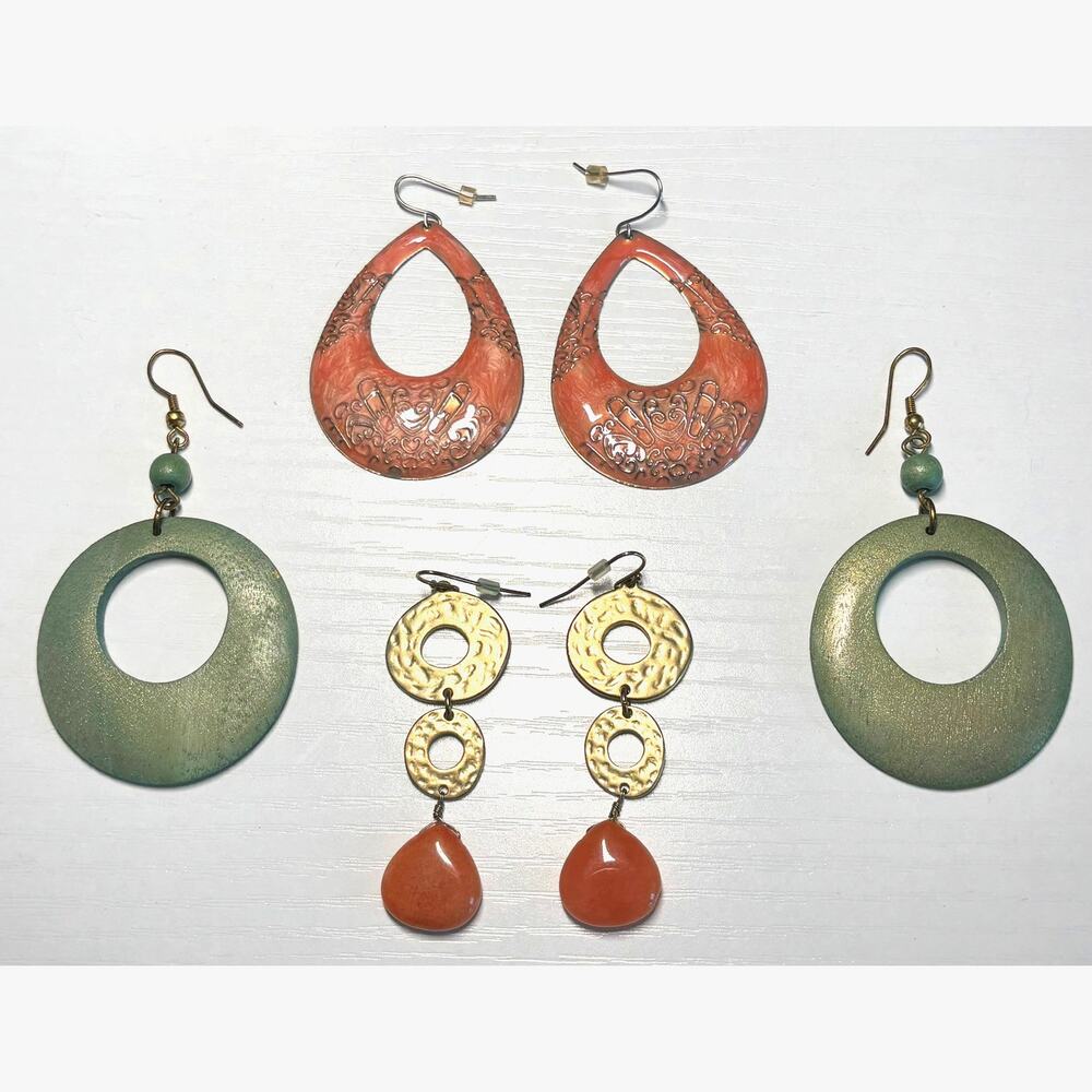 Boho Dangle Earrings Lot of 3 Pink Enamel Green Wood Coral-Color Stone Gold Tone